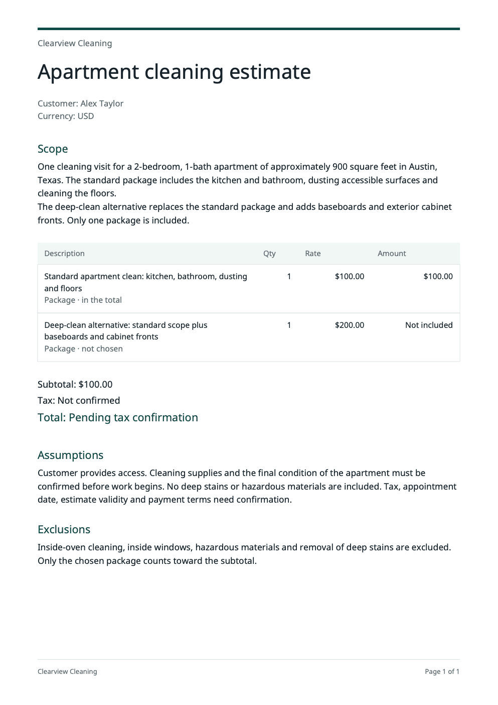 Apartment cleaning estimate with selected work and prices