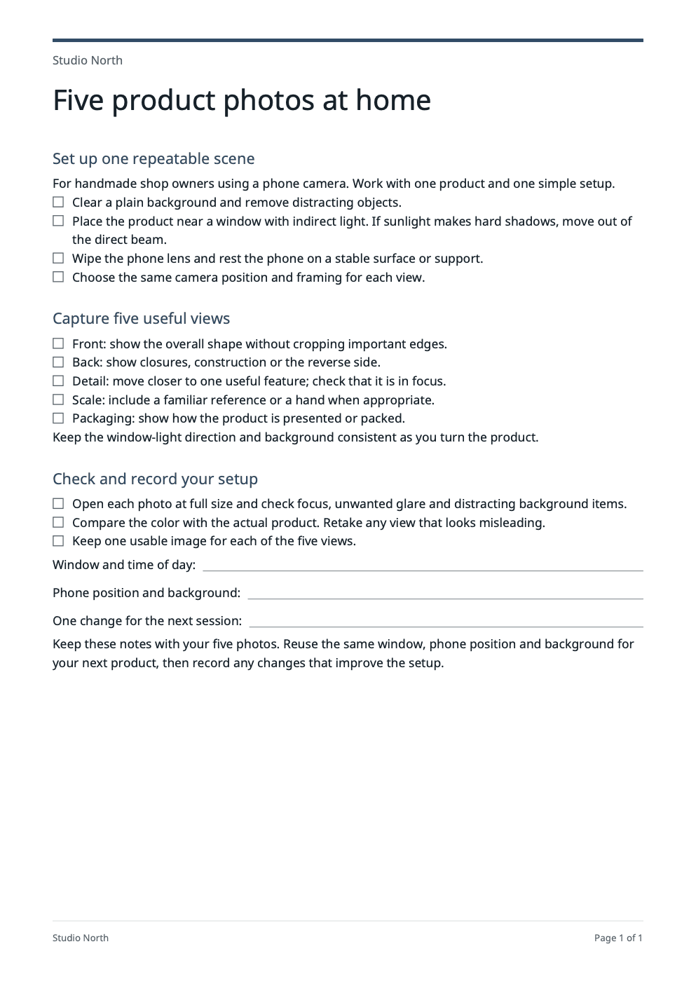 Five product photos at home checklist