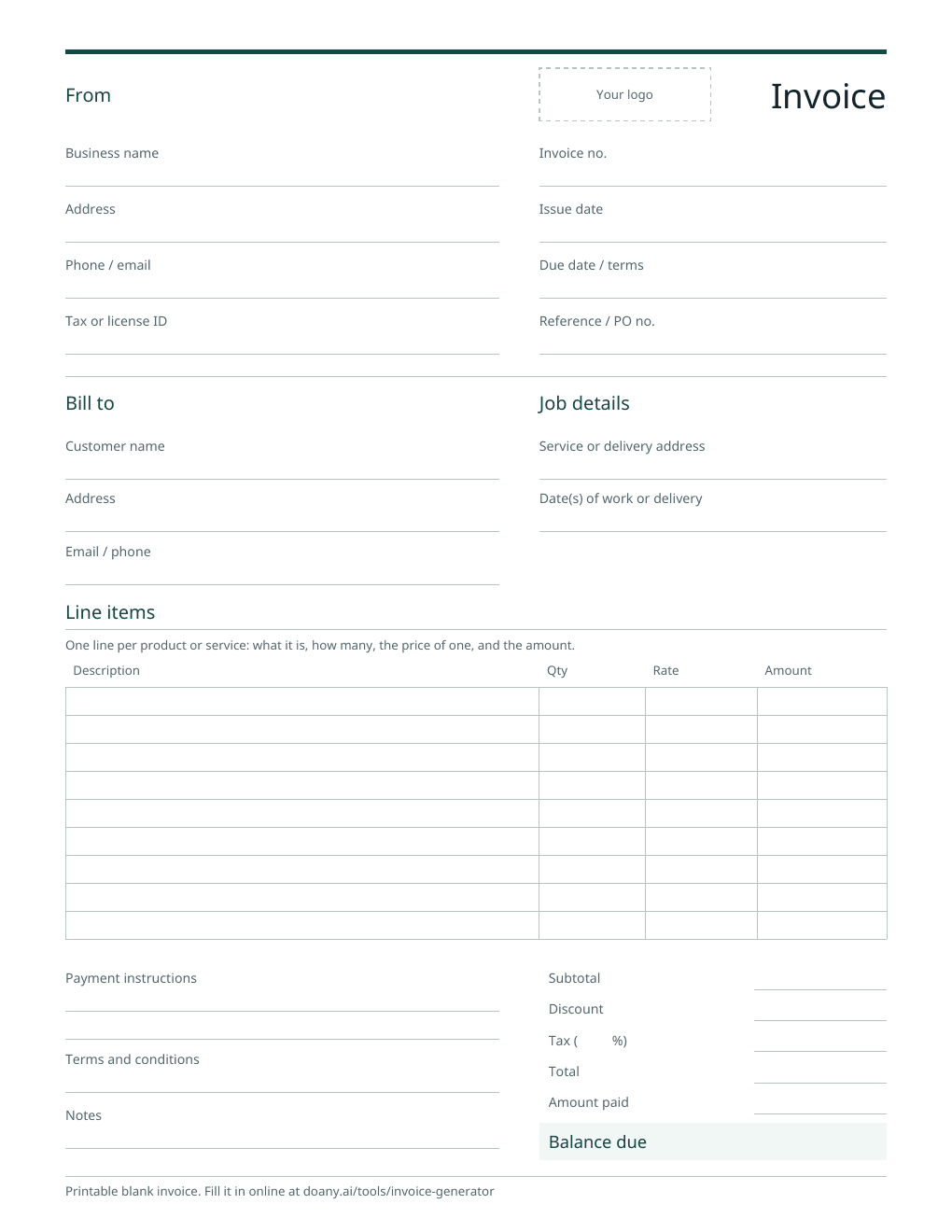 The blank invoice template, page one