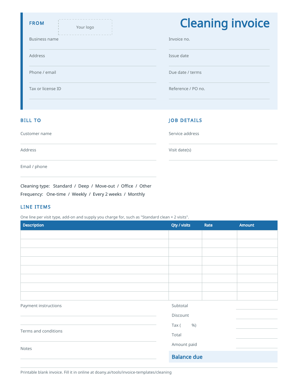 The blank cleaning invoice, page one