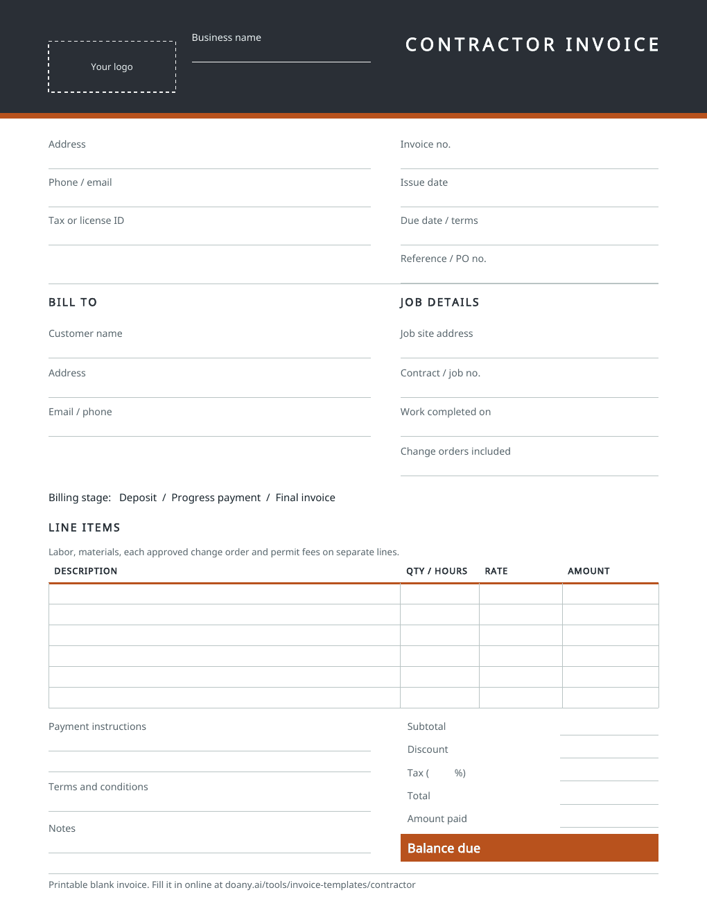 The blank contractor invoice, page one