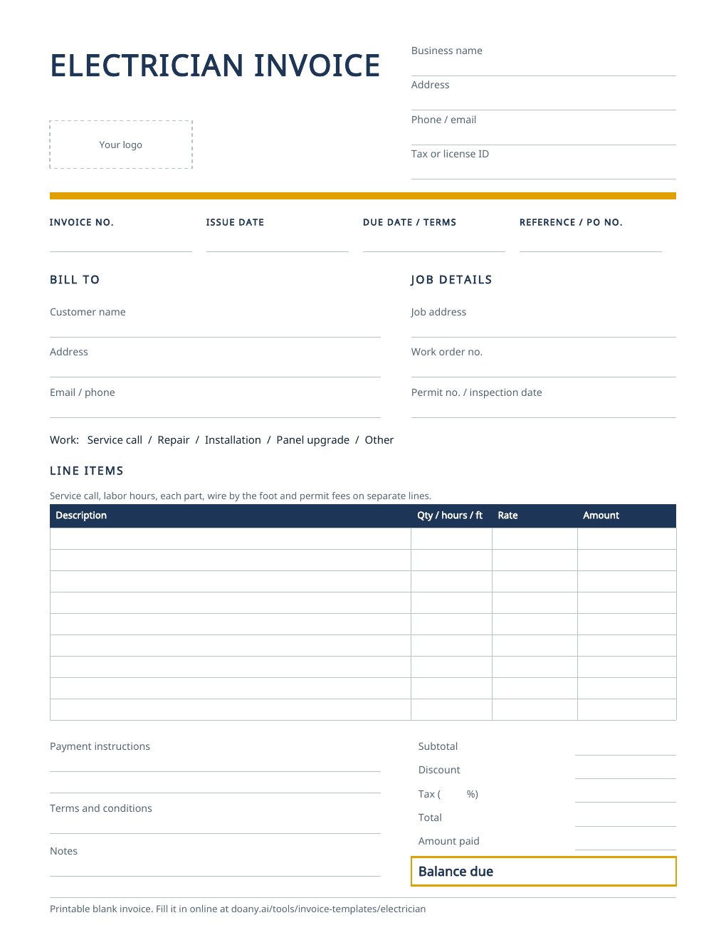 The blank electrician invoice, page one