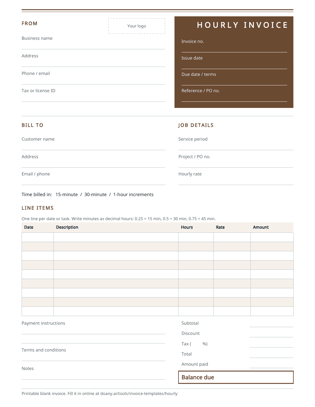 The blank hourly invoice, page one