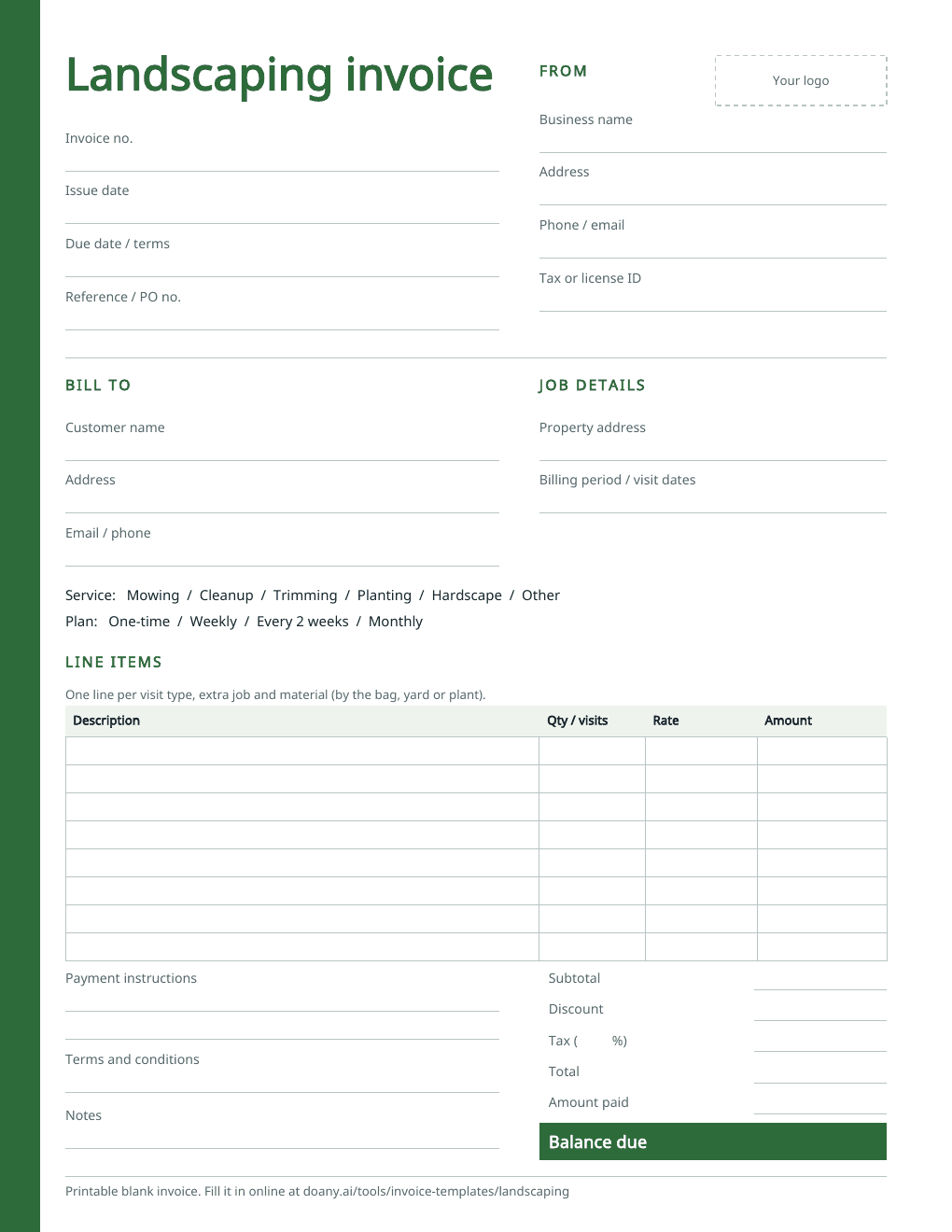 The blank landscaping invoice, page one