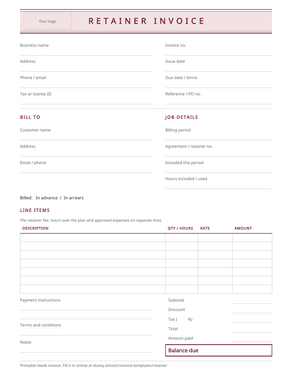 The blank retainer invoice, page one
