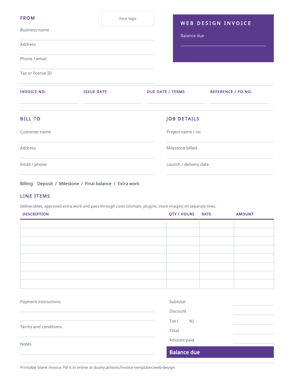 The blank web design invoice, page one
