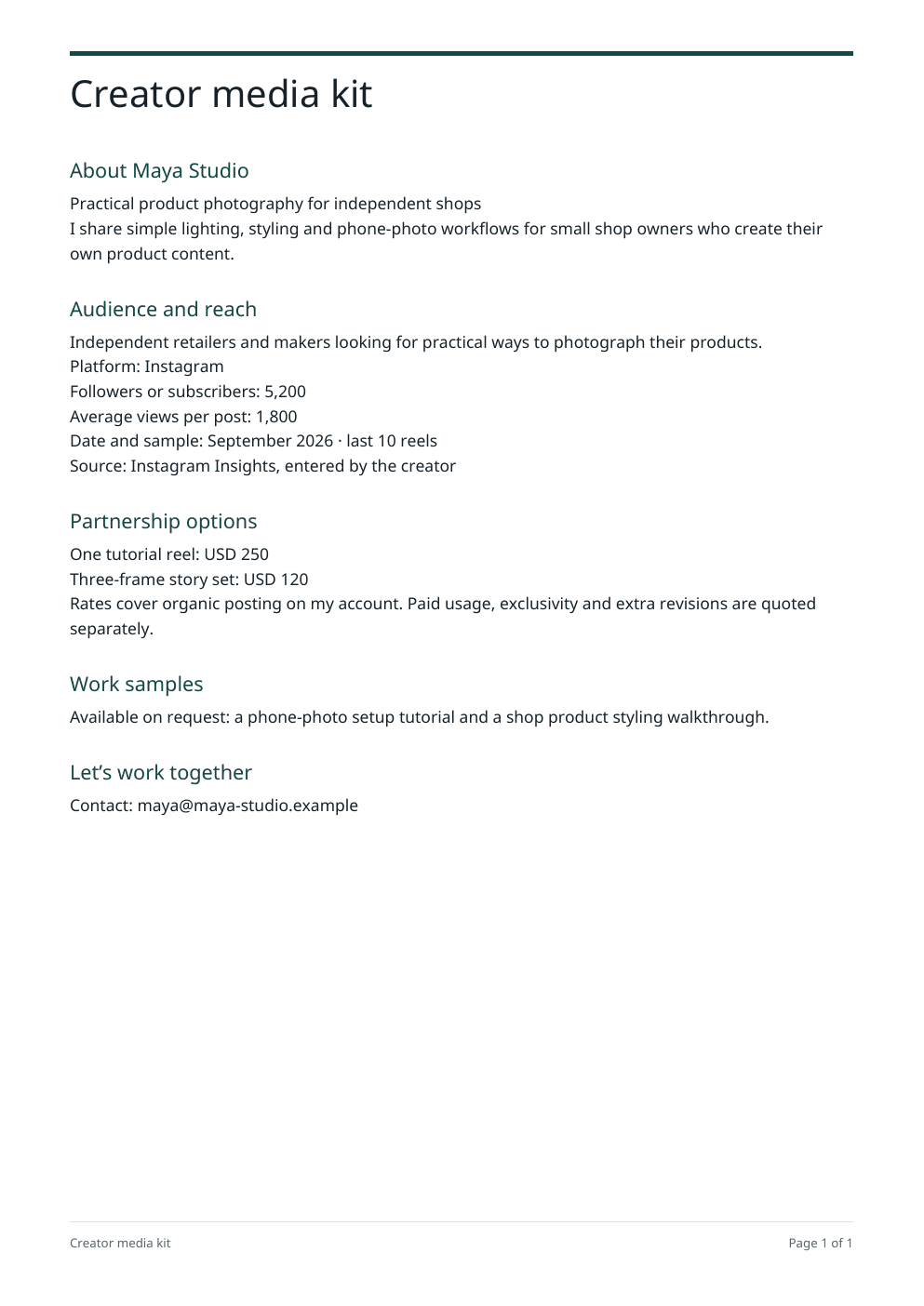 First page of the creator media kit available to download