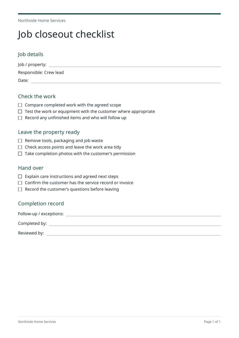 Job closeout checklist with checkboxes, job details and completion record