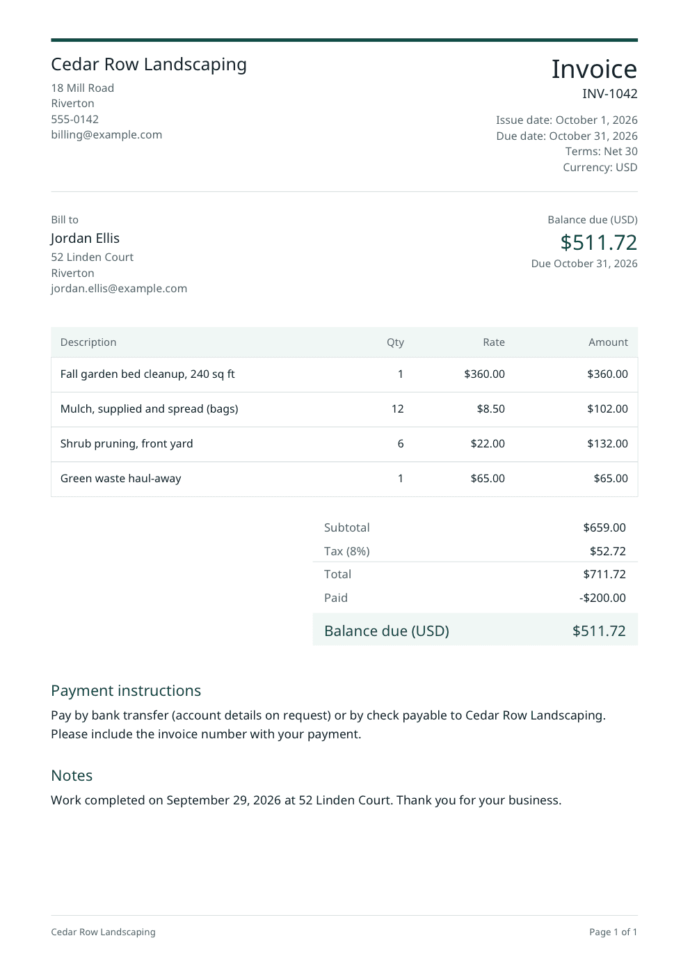 Invoice INV-1042 from Cedar Row Landscaping to Jordan Ellis, balance due $511.72