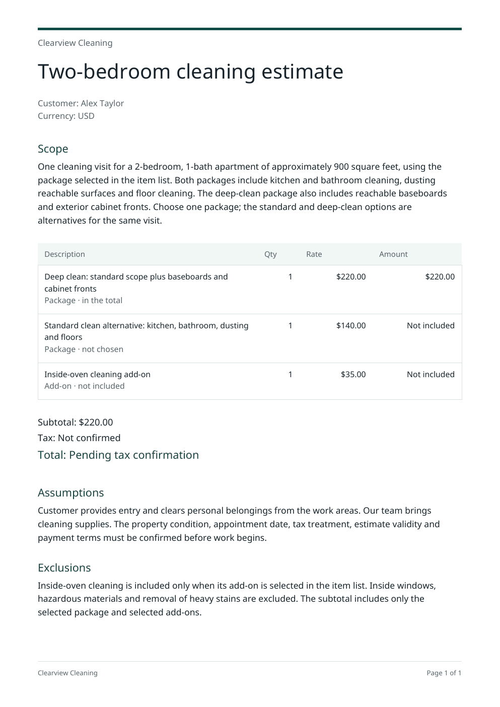 Two-bedroom cleaning estimate