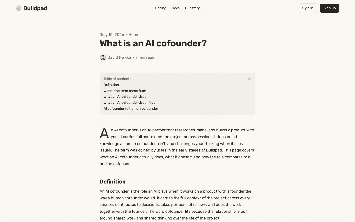 Buildpad article defining an AI cofounder and its role alongside a founder