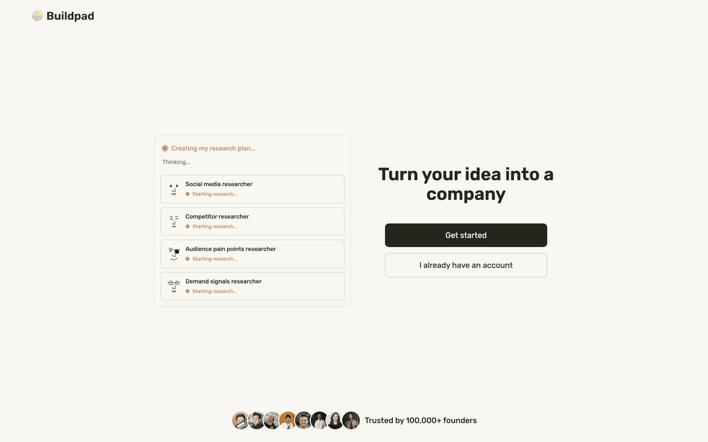 Buildpad homepage positioning the product as a way to turn an idea into a company