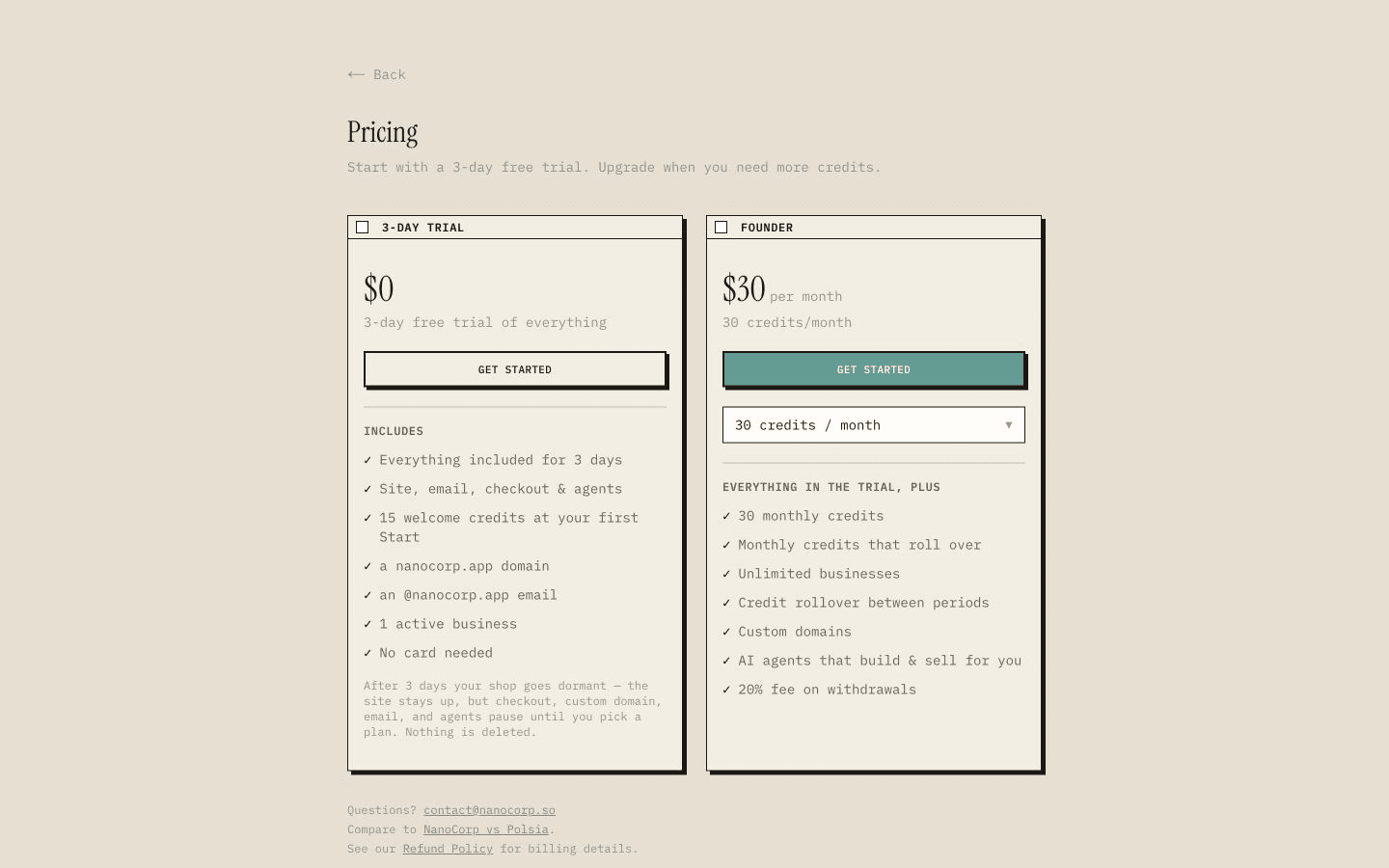 NanoCorp pricing page showing its trial, Founder plan, credits, and withdrawal fee