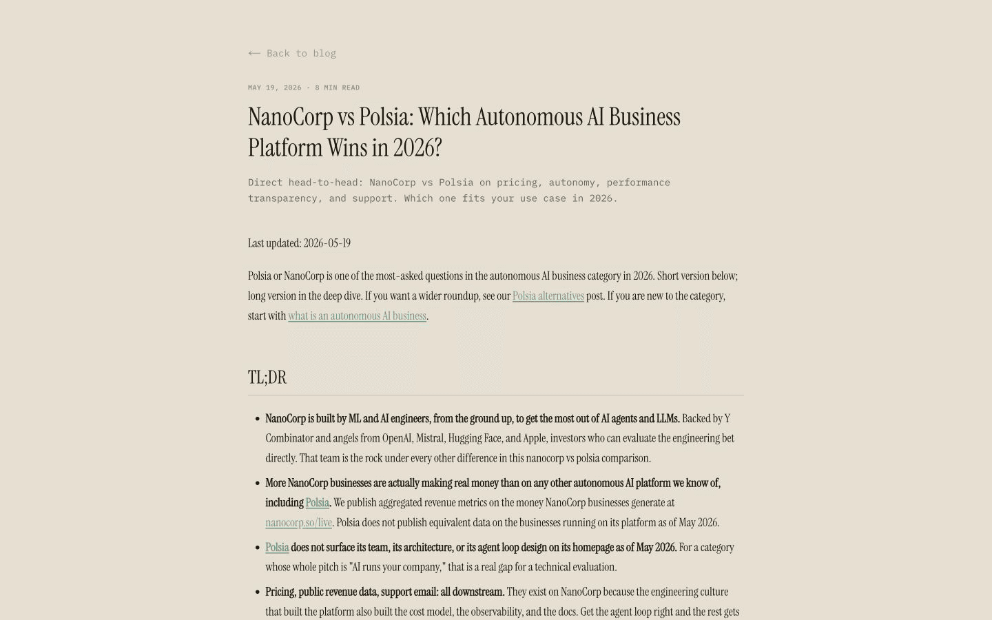 NanoCorp article comparing its autonomous business platform with Polsia