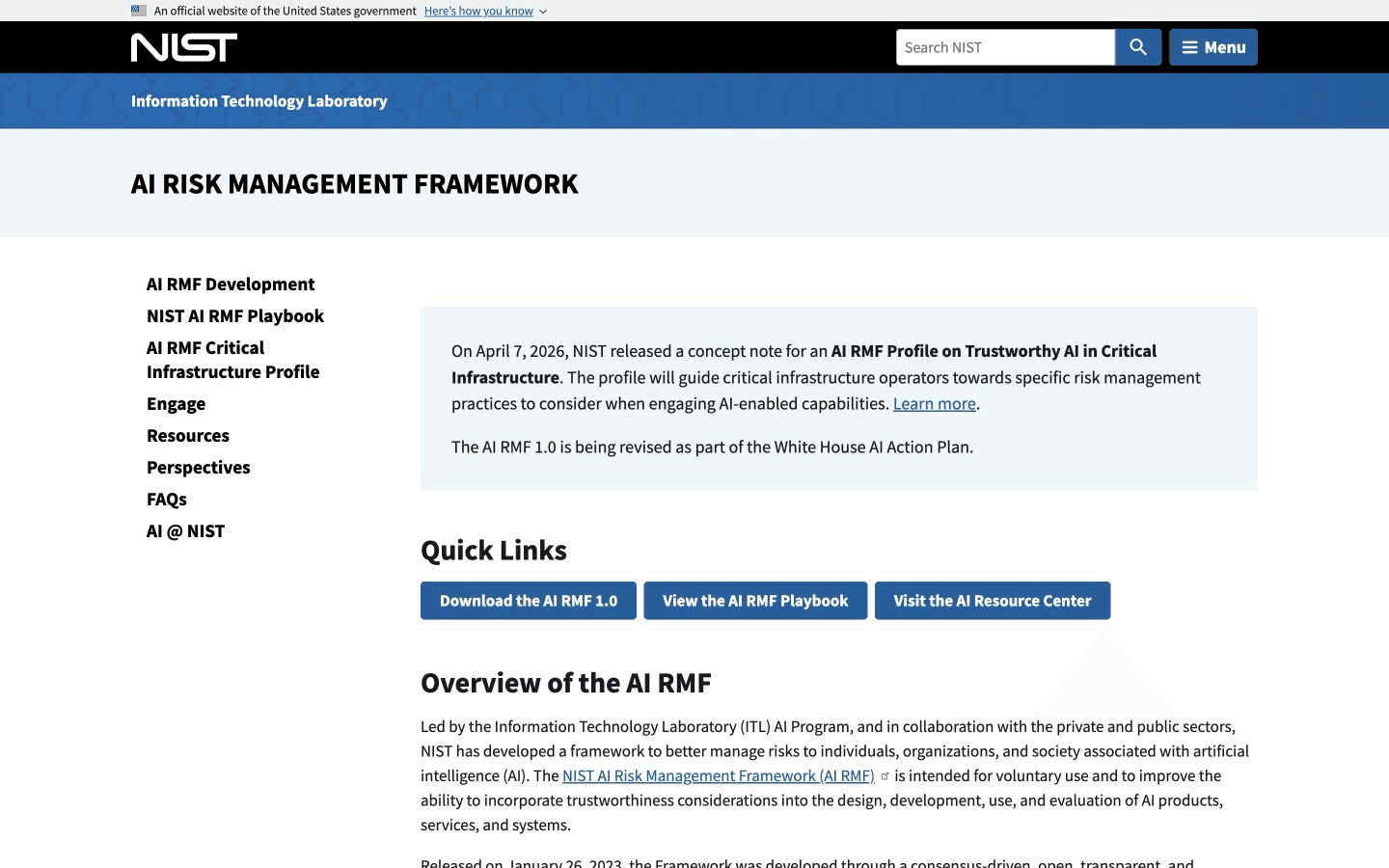 NIST page for the voluntary AI Risk Management Framework