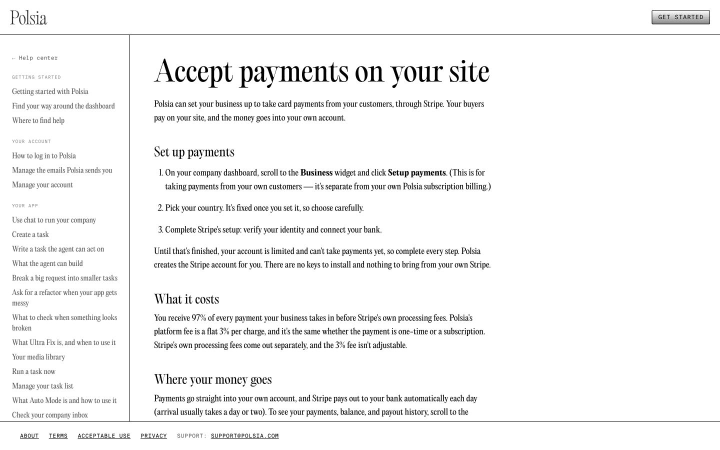 Polsia help article describing its Stripe setup, three percent fee, and payout flow