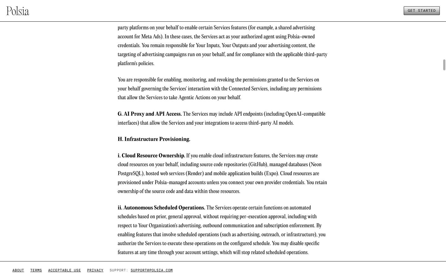Polsia terms describing managed cloud resources, user ownership, and scheduled operations