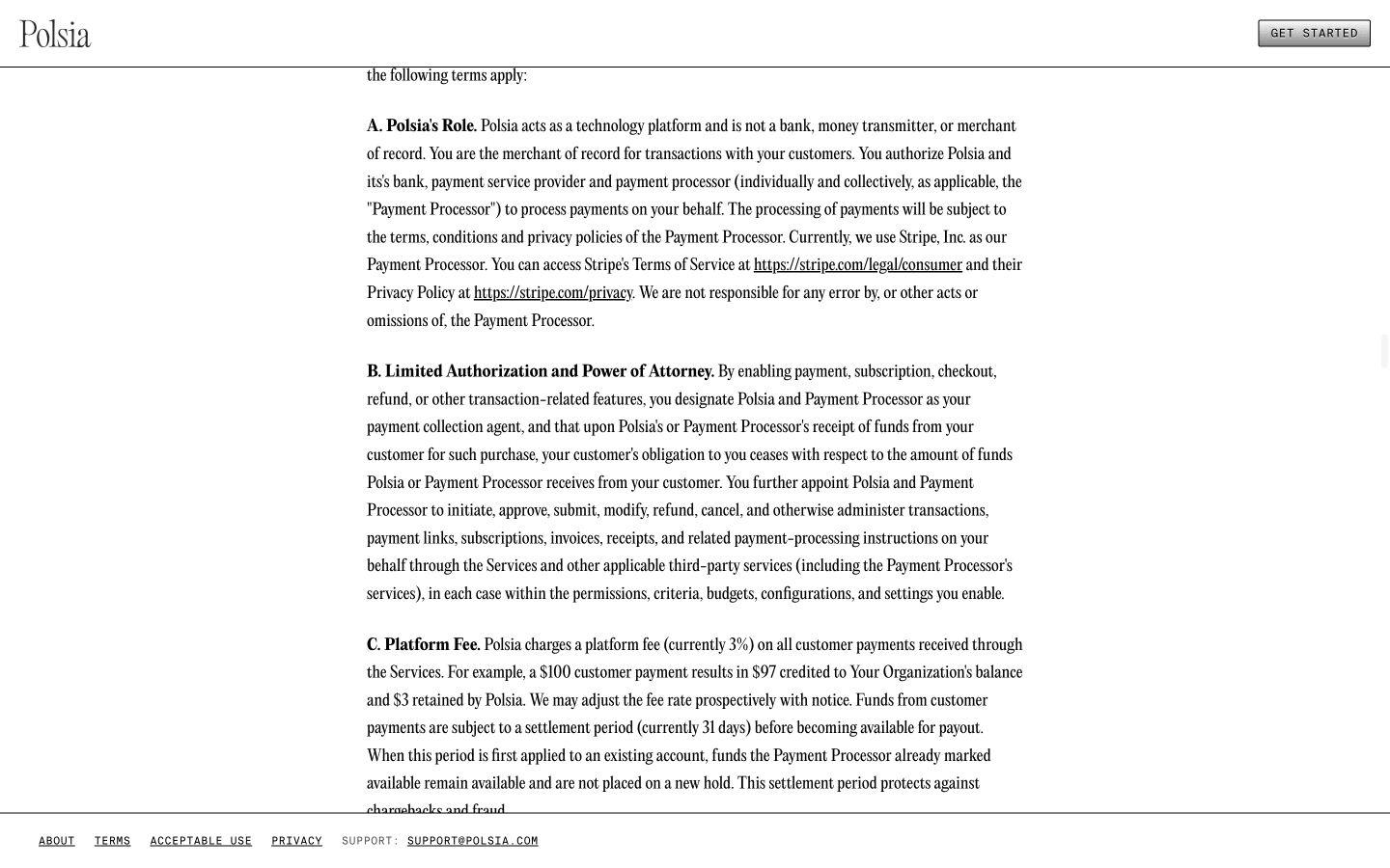 Polsia terms showing the current revenue, settlement, withdrawal, and advertising fee clauses