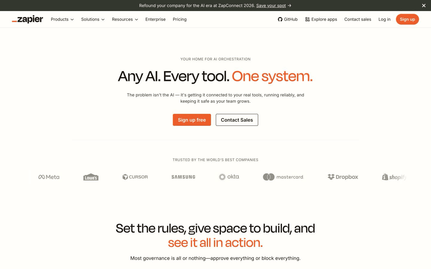 Zapier AI page showing its AI orchestration and connected-tool positioning