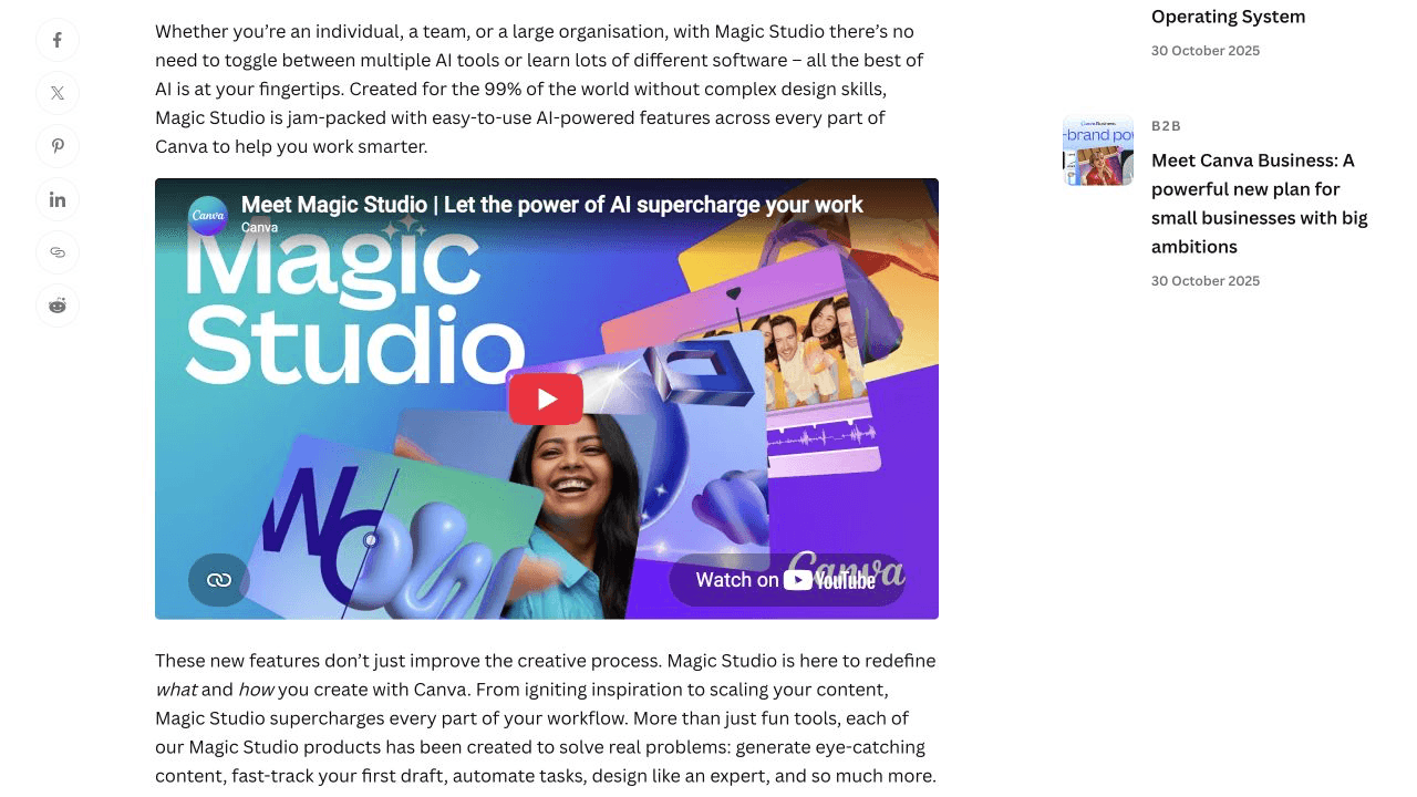 Canva newsroom article introducing the Magic Studio AI feature suite