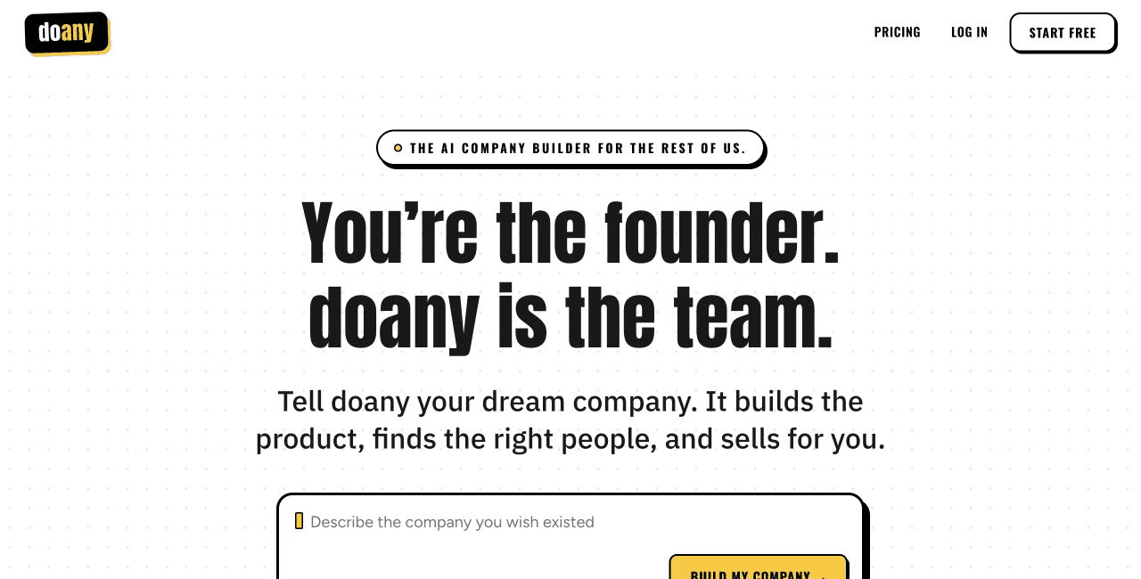 DoAny homepage showing its AI company builder positioning
