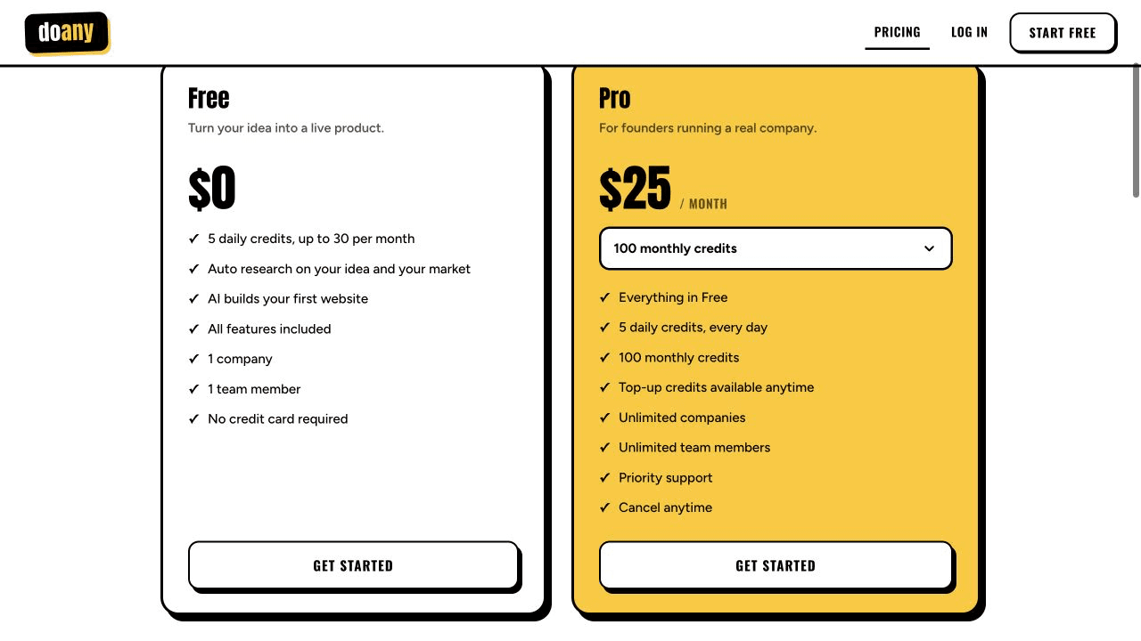 DoAny pricing page showing the Free and Pro plan cards