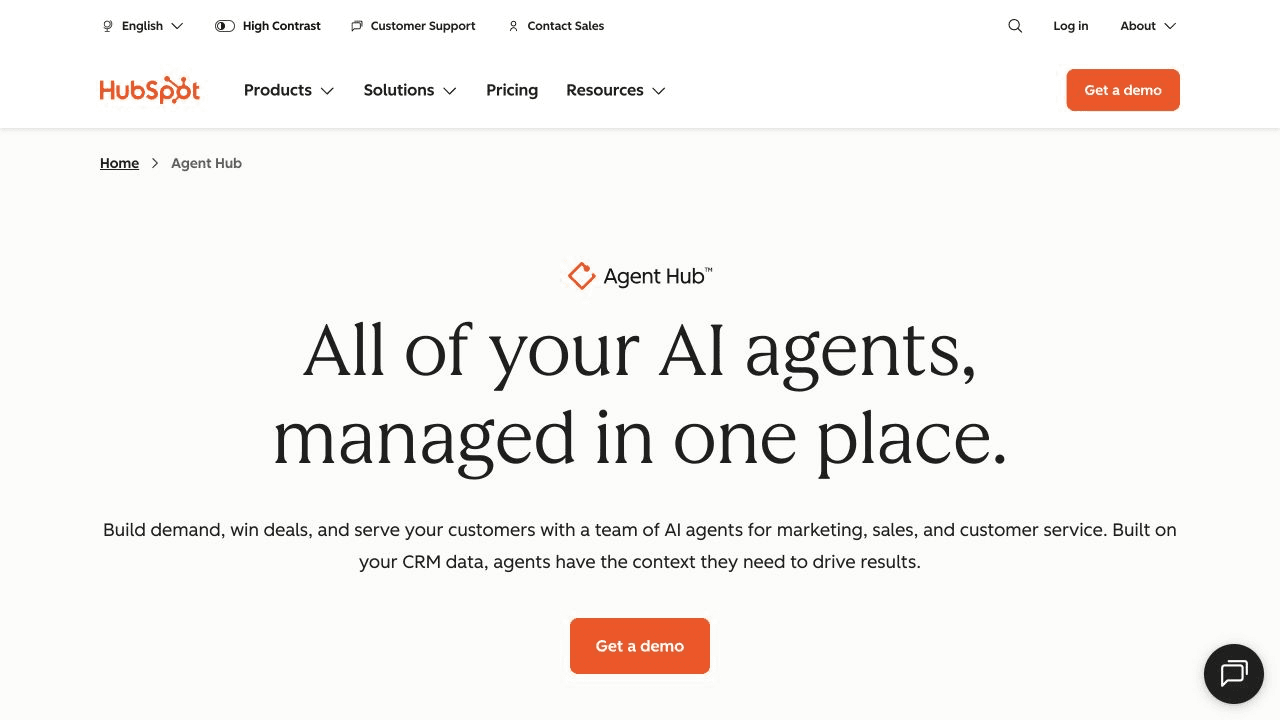 HubSpot Agent Hub page describing AI agents for marketing, sales, and customer service