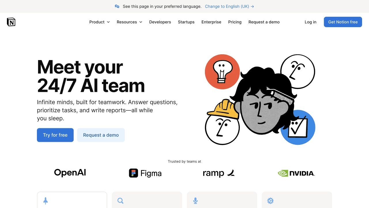 Notion AI page presenting agents, enterprise search, and AI meeting notes