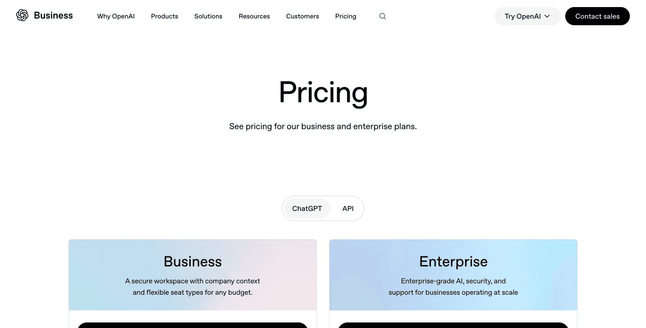 OpenAI business pricing page showing ChatGPT Business plan information