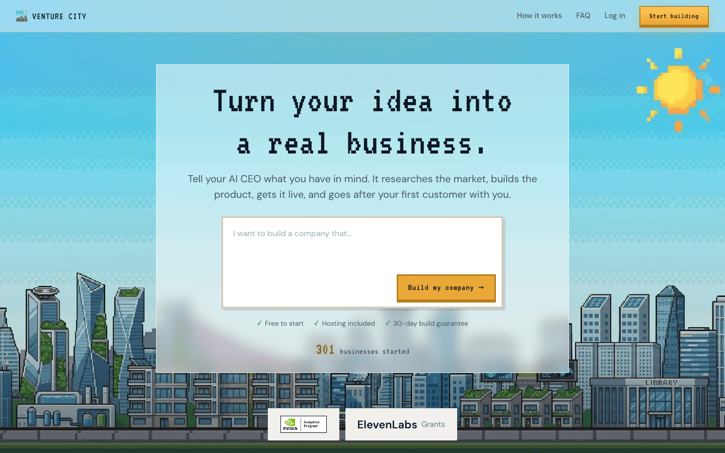 Venture City homepage showing its guided venture-building offer and monthly price