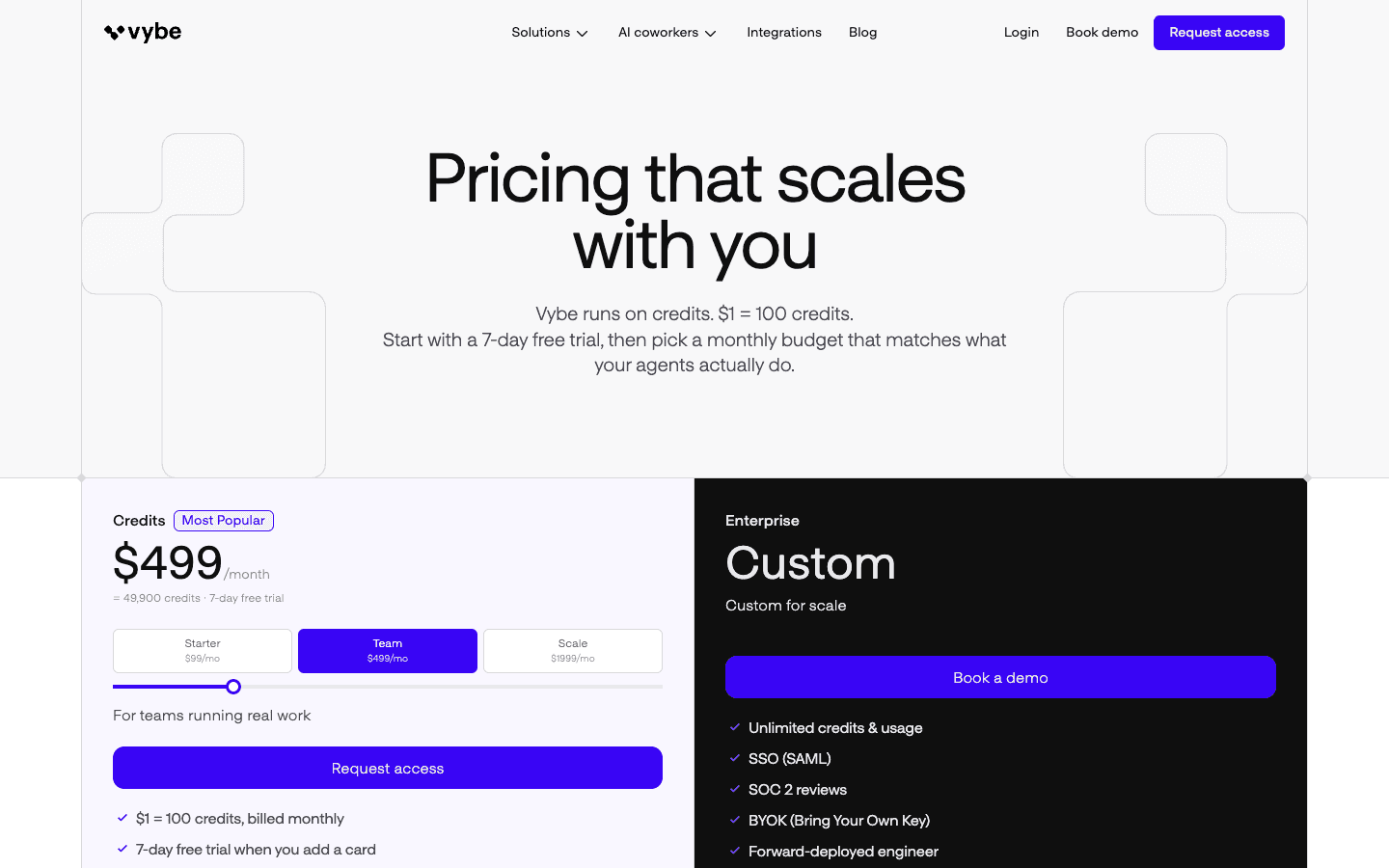 Vybe pricing page listing its Starter, Team and Scale monthly plans